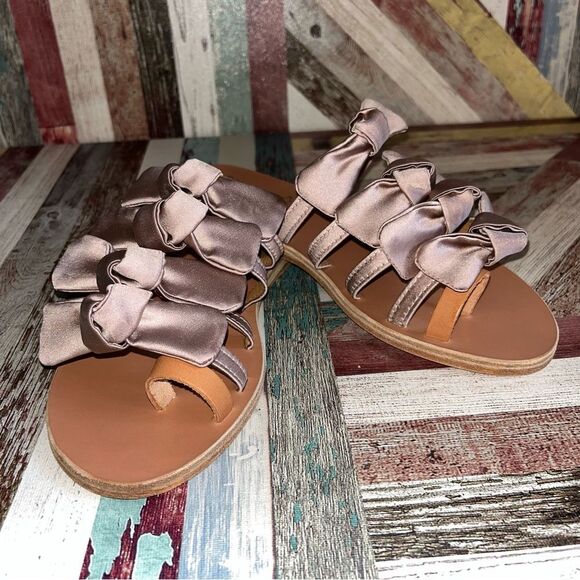Ancient Greek Hara Satin Bow Slide Sandals Natural NEW Leather Made in Greece 8 - Picture 1 of 9